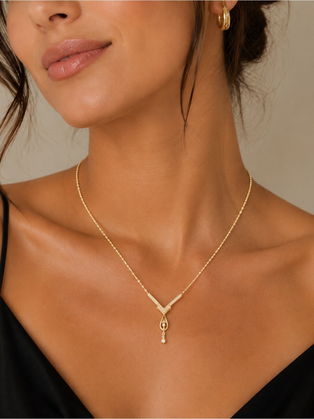 Clear Crystal V Pendant Dainty Dangle Necklace